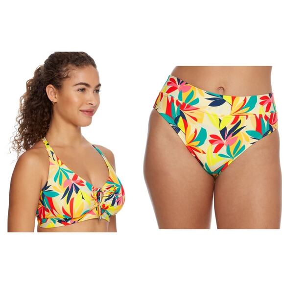 NWT BARE Tropical Floral Halter Bikini Top & High-Waist Bikini Bottom - Picture 1 of 14